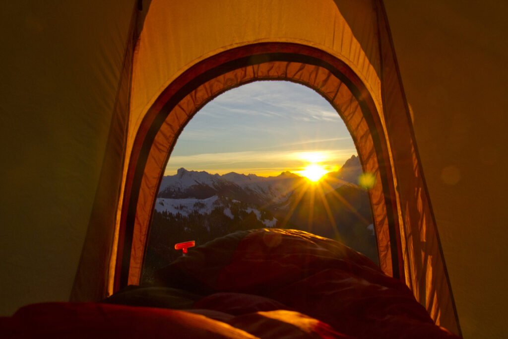 snow camping sunrise