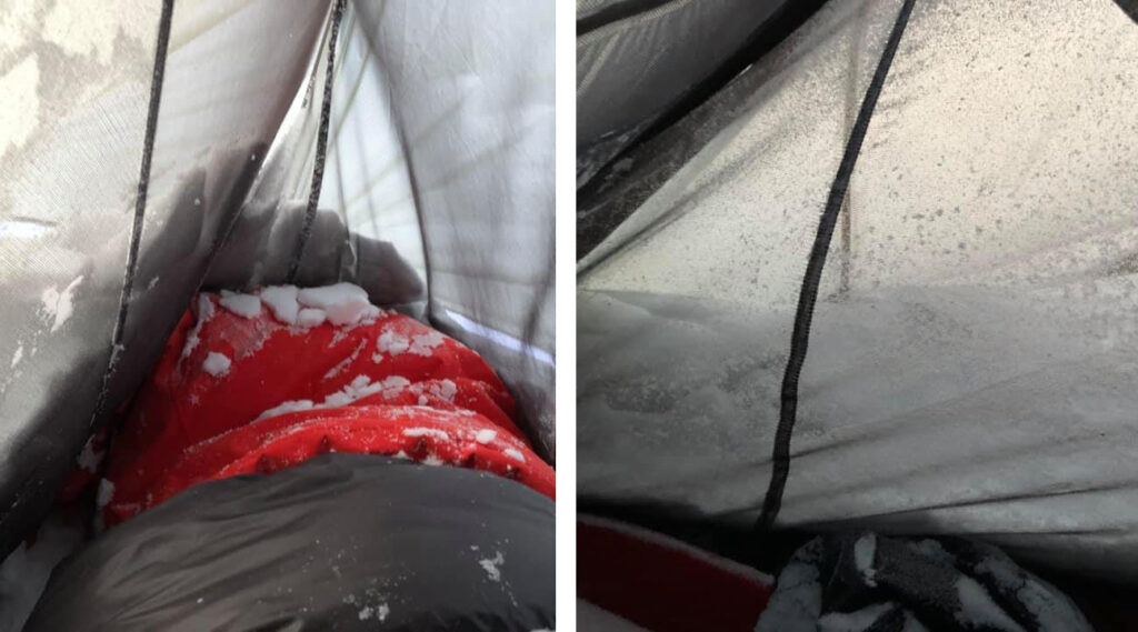 snow drift inside 3-season tent