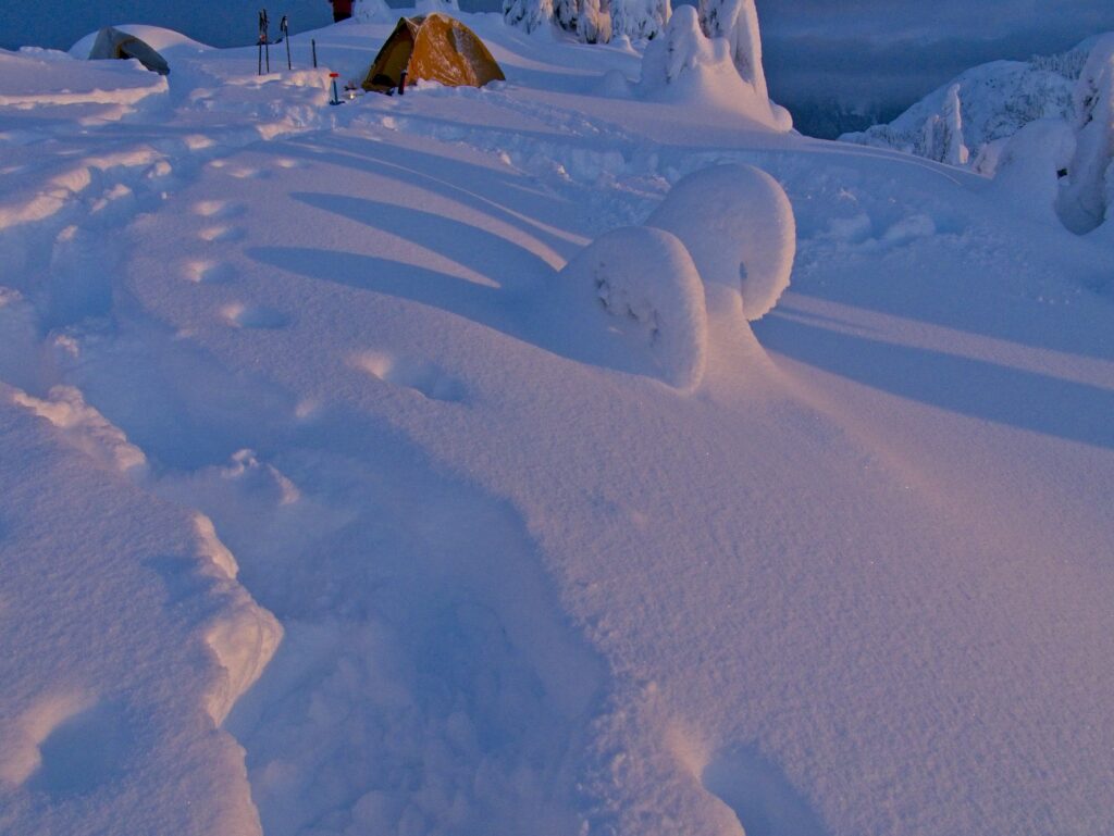 winter camping in deep snow