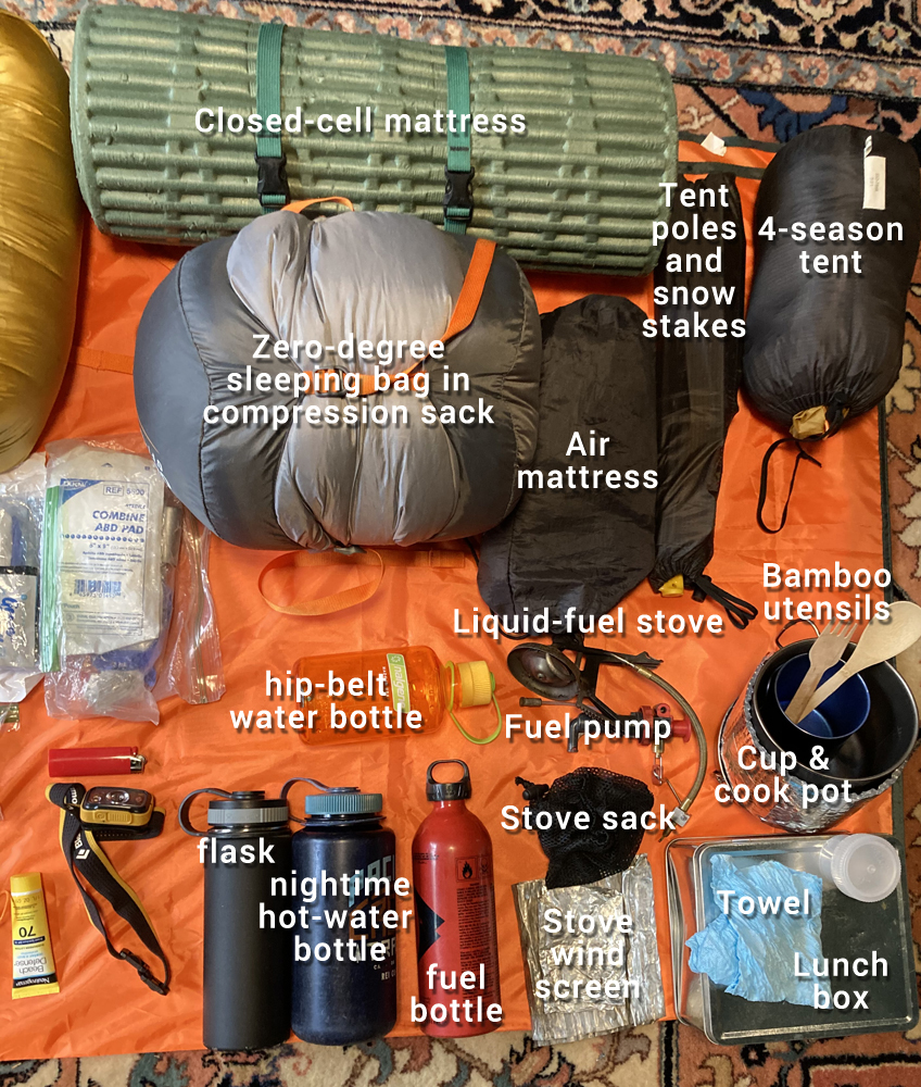 sleeping system and cooking gear for winter backpacking