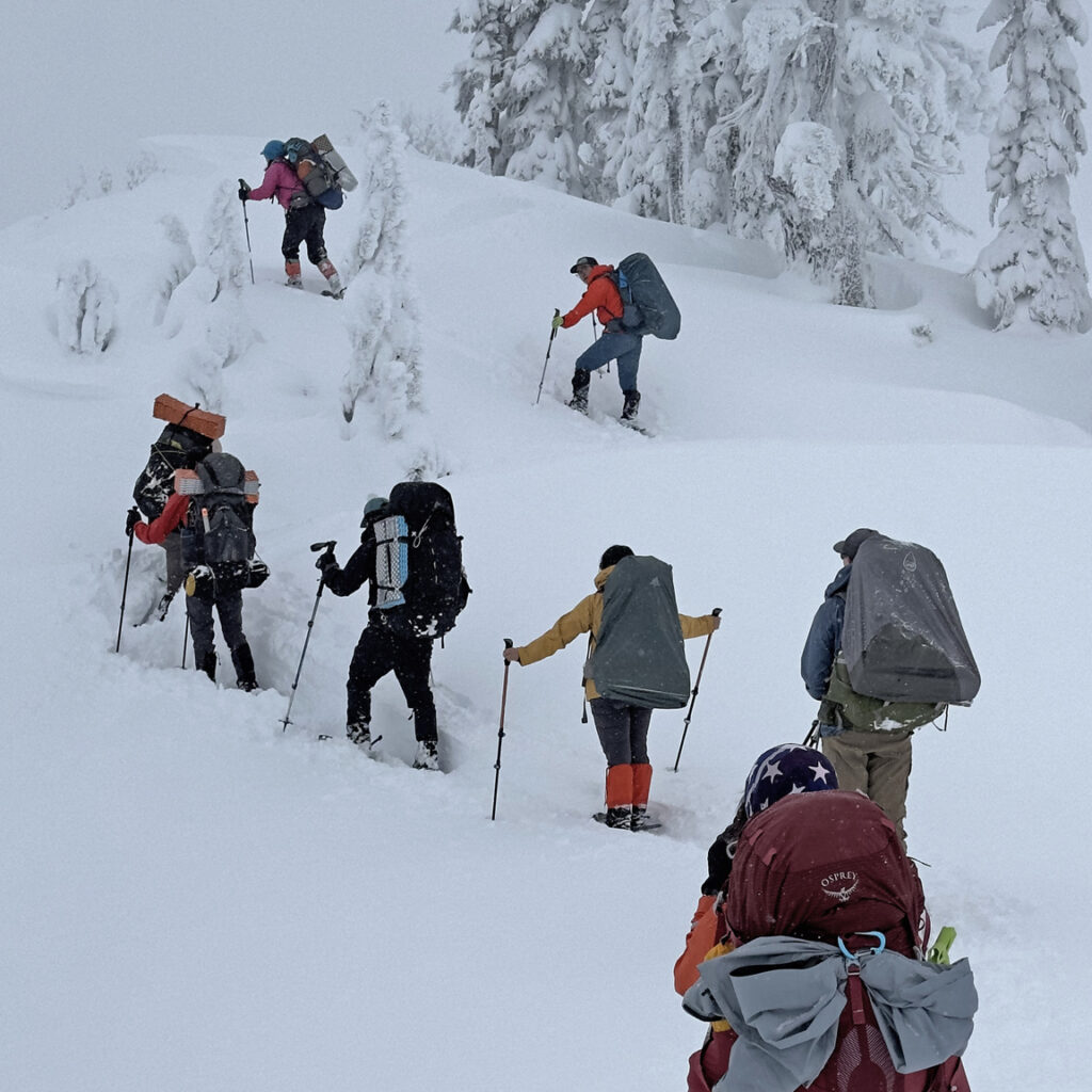 winter backpacking in snowshoes